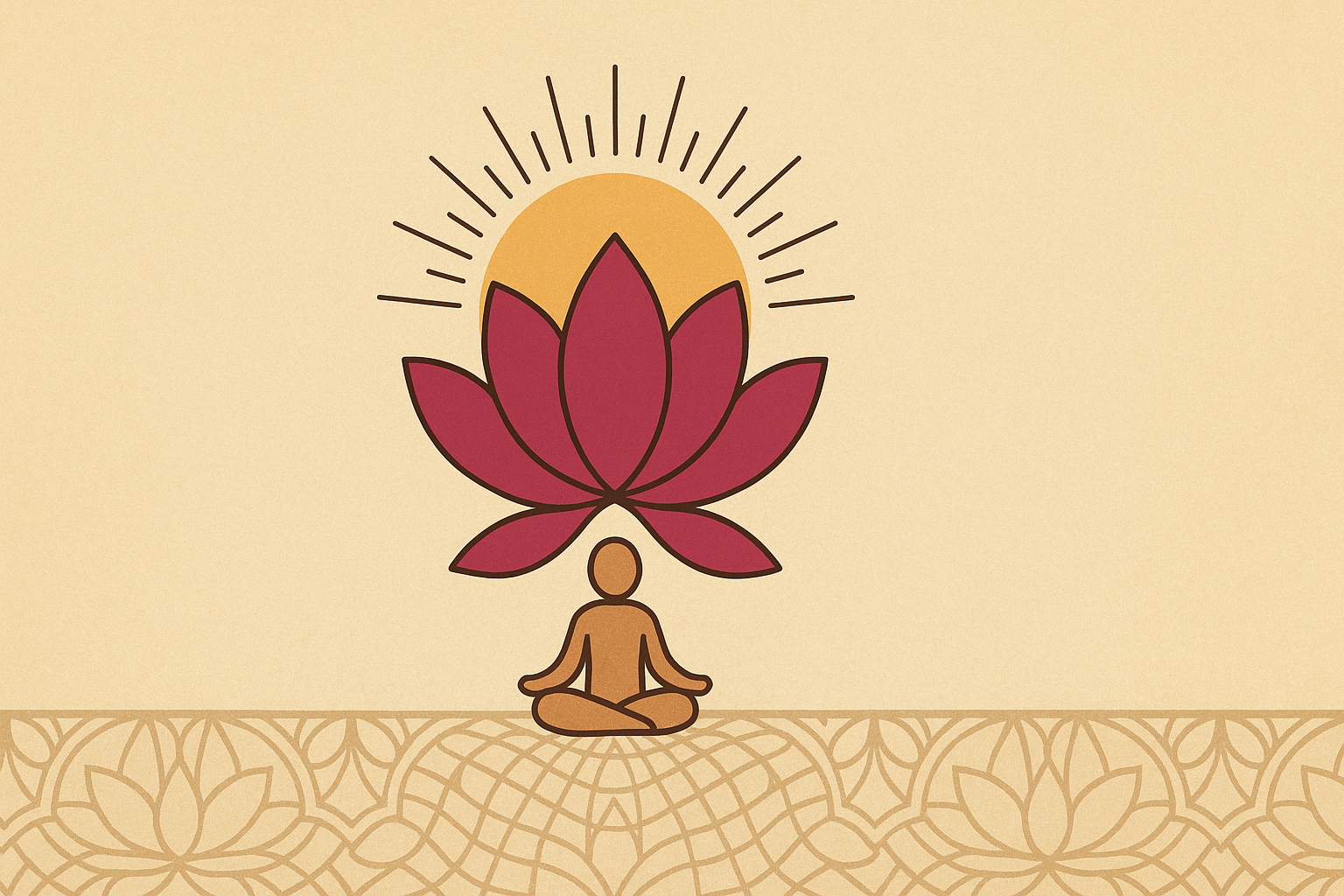 Minimal flat-style illustration of a meditating figure sitting under a blooming lotus with golden rays, symbolizing spirituality, harmony, and awakening.